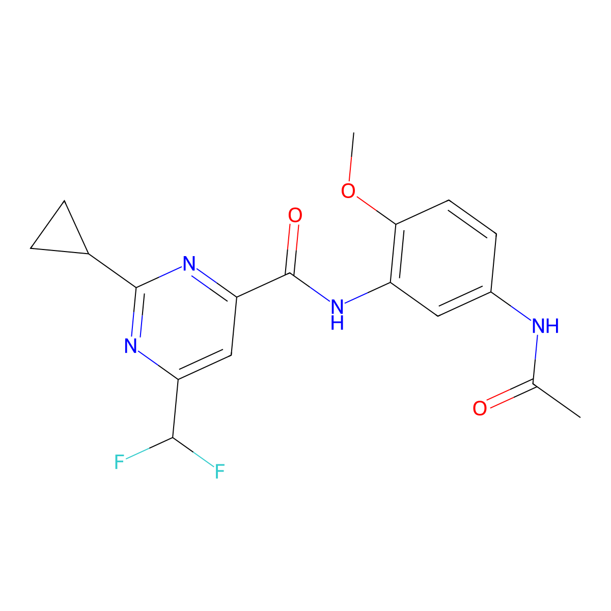 2-cyclopropyl-6-(difluoromethyl)-N-(5-acetamido-2-methoxyphenyl)pyrimidine-4-carboxamide molecular structure, CAS 2770629-56-4