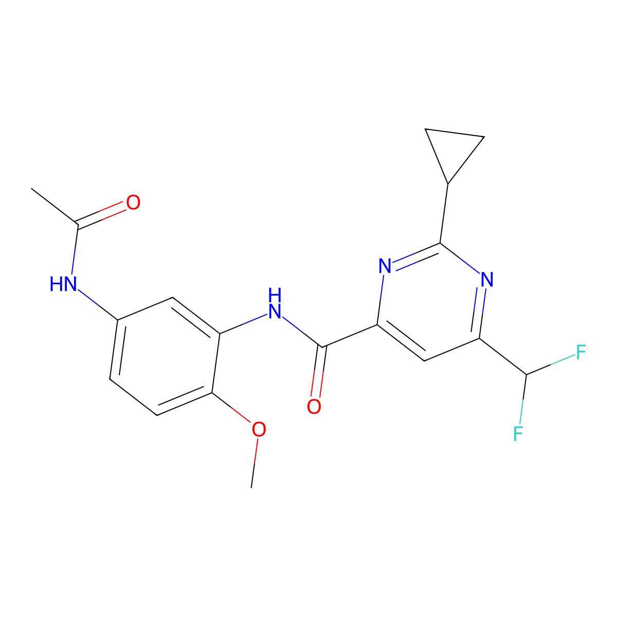 2-cyclopropyl-6-(difluoromethyl)-N-(5-acetamido-2-methoxyphenyl)pyrimidine-4-carboxamide molecular structure, CAS 2770629-56-4