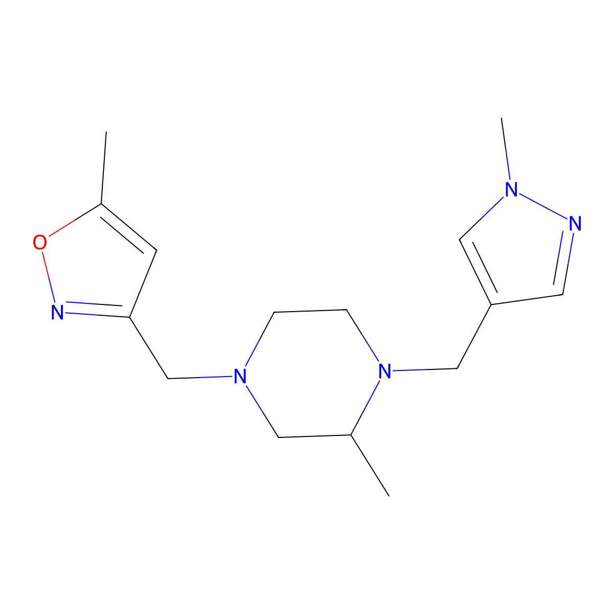 2-methyl-4-[(5-methyl-1,2-oxazol-3-yl)methyl]-1-[(1-methyl-1H-pyrazol-4-yl)methyl]piperazine molecular structure, CAS 2770629-59-7