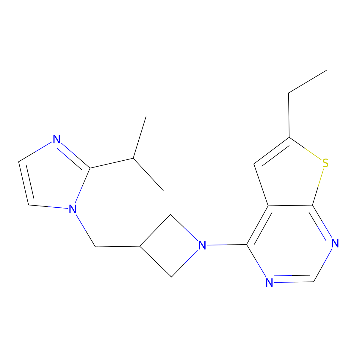1-[(1-{6-ethylthieno[2,3-d]pyrimidin-4-yl}azetidin-3-yl)methyl]-2-(propan-2-yl)-1H-imidazole molecular structure, CAS 2770629-64-4