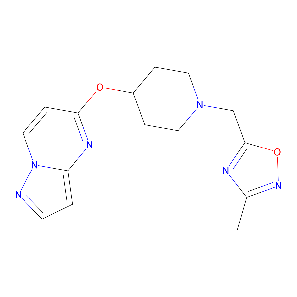 1-[(3-Methyl-1,2,4-oxadiazol-5-yl)methyl]-4-{pyrazolo[1,5-a]pyrimidin-5-yloxy}piperidine molecular structure, CAS 2770629-82-6