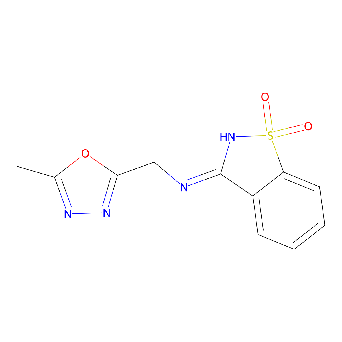 N-[(5-methyl-1,3,4-oxadiazol-2-yl)methyl]-1,1-dioxo-1,2-benzothiazol-3-imine molecular structure, CAS 2770629-91-7