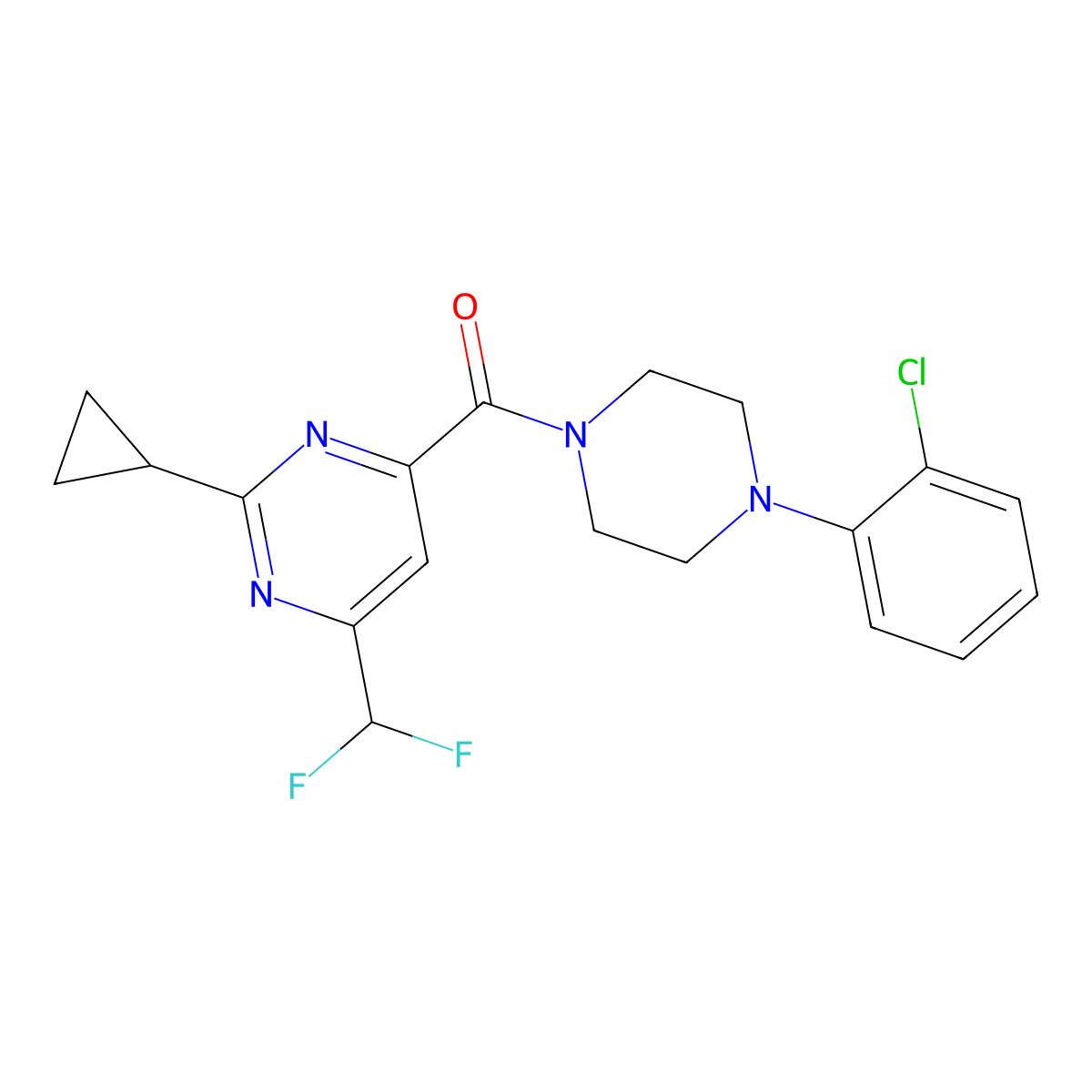 4-[4-(2-Chlorophenyl)piperazine-1-carbonyl]-2-cyclopropyl-6-(difluoromethyl)pyrimidine molecular structure, CAS 2770630-04-9