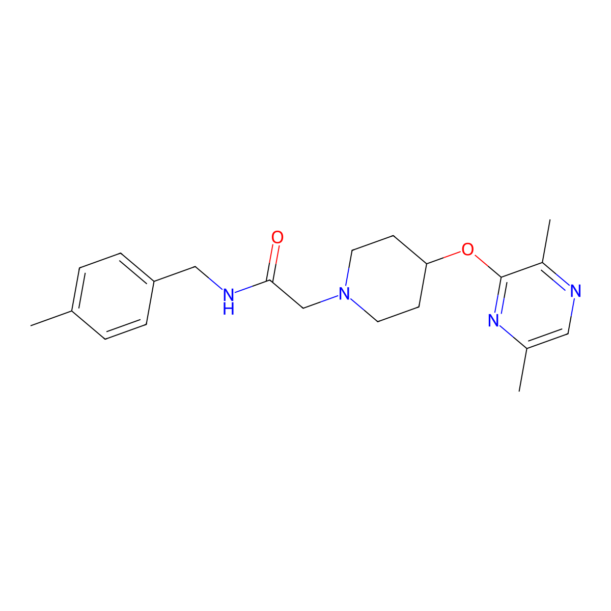 2-{4-[(3,6-dimethylpyrazin-2-yl)oxy]piperidin-1-yl}-N-[(4-methylphenyl)methyl]acetamide molecular structure, CAS 2770630-11-8