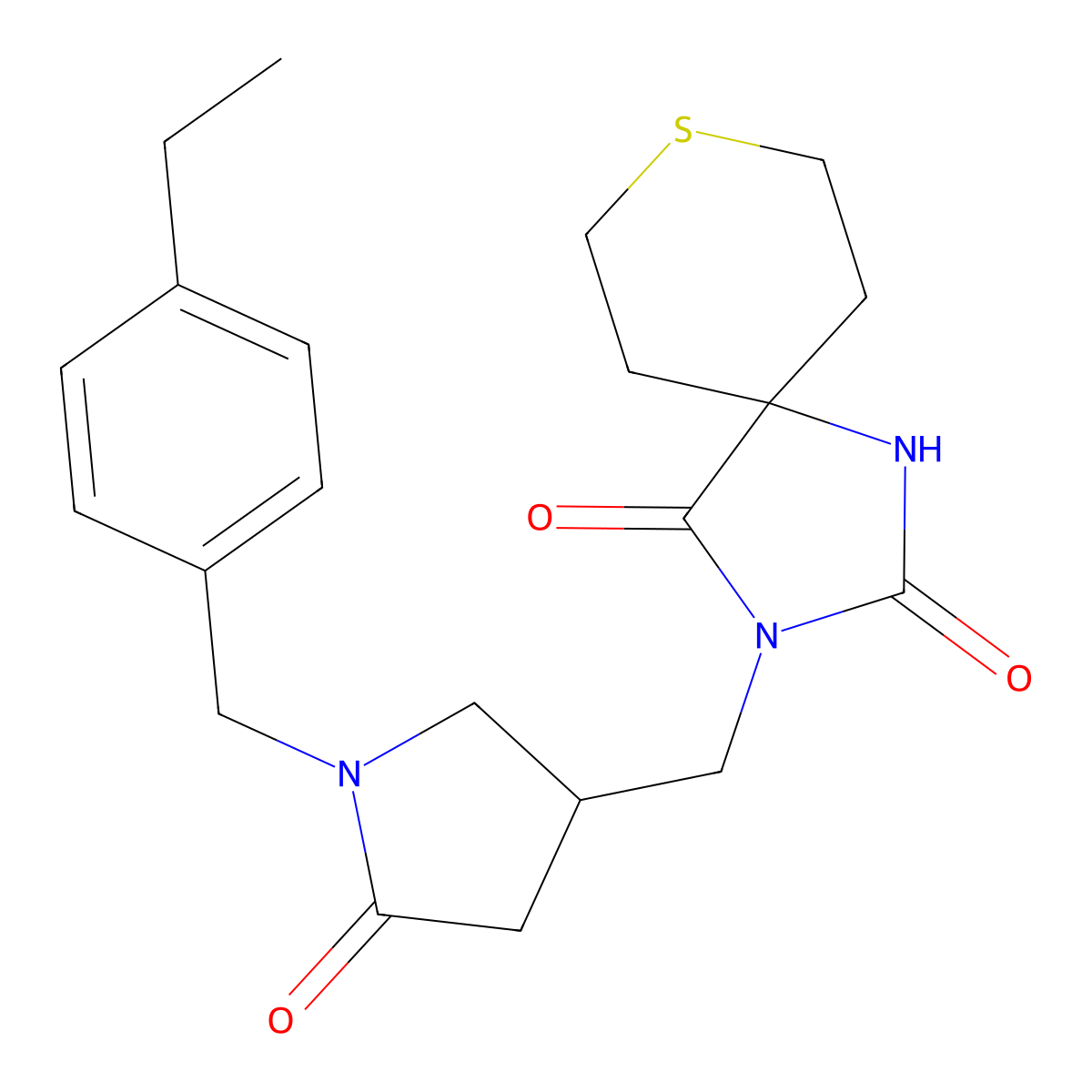 3-({1-[(4-Ethylphenyl)methyl]-5-oxopyrrolidin-3-yl}methyl)-8-thia-1,3-diazaspiro[4.5]decane-2,4-dione molecular structure, CAS 2770630-12-9