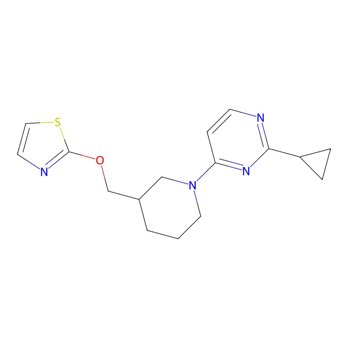 2-Cyclopropyl-4-{3-[(1,3-thiazol-2-yloxy)methyl]piperidin-1-yl}pyrimidine molecular structure, CAS 2770630-17-4
