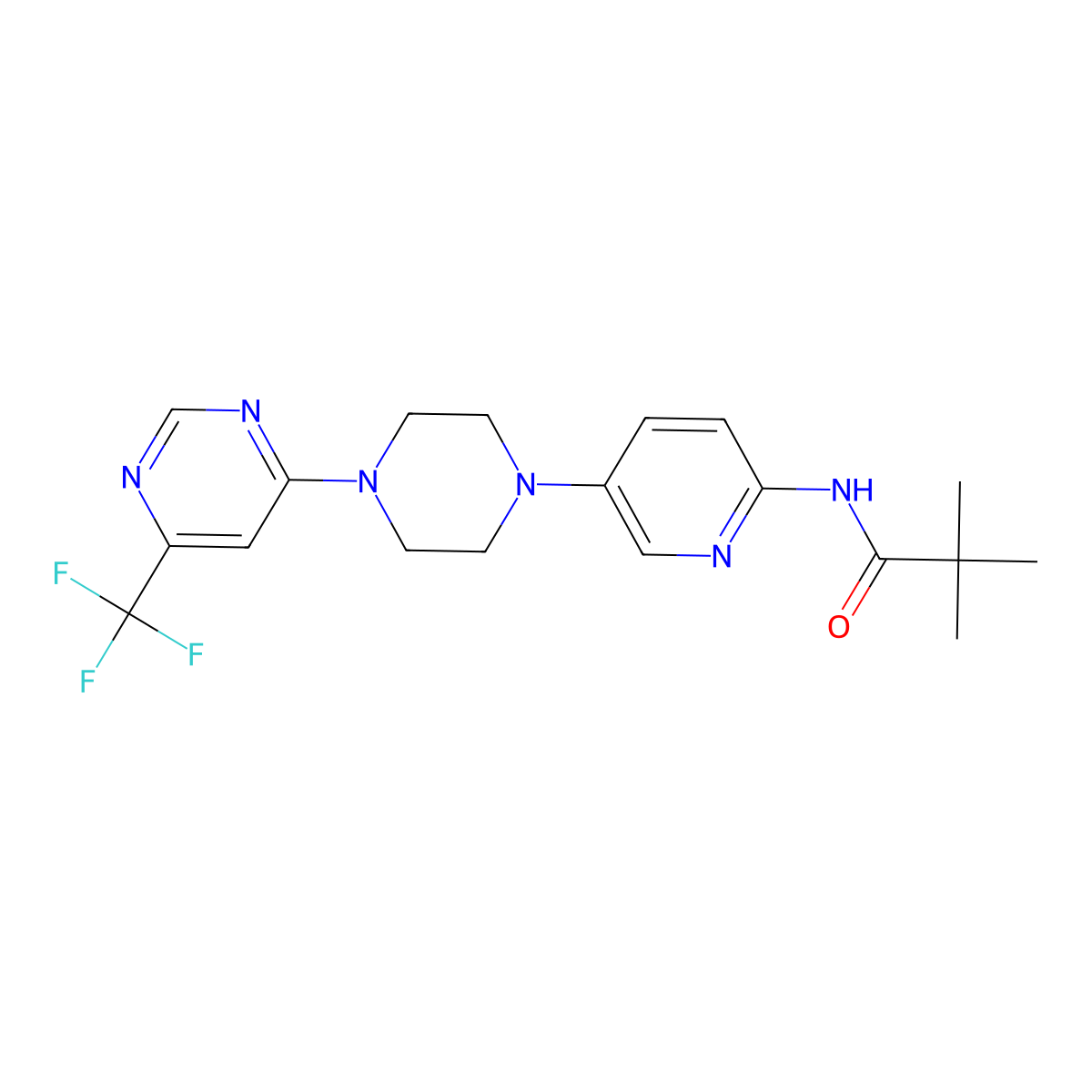 2,2-dimethyl-N-(5-{4-[6-(trifluoromethyl)pyrimidin-4-yl]piperazin-1-yl}pyridin-2-yl)propanamide molecular structure, CAS 2770630-22-1