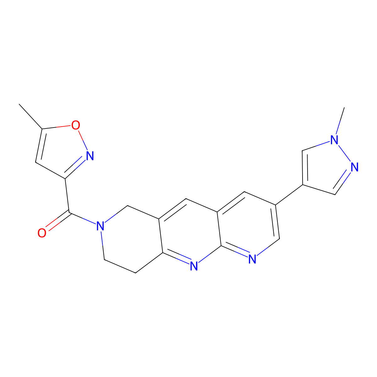 5-methyl-3-[3-(1-methyl-1H-pyrazol-4-yl)-6H,7H,8H,9H-pyrido[2,3-b]1,6-naphthyridine-7-carbonyl]-1,2-oxazole molecular structure, CAS 2770630-24-3