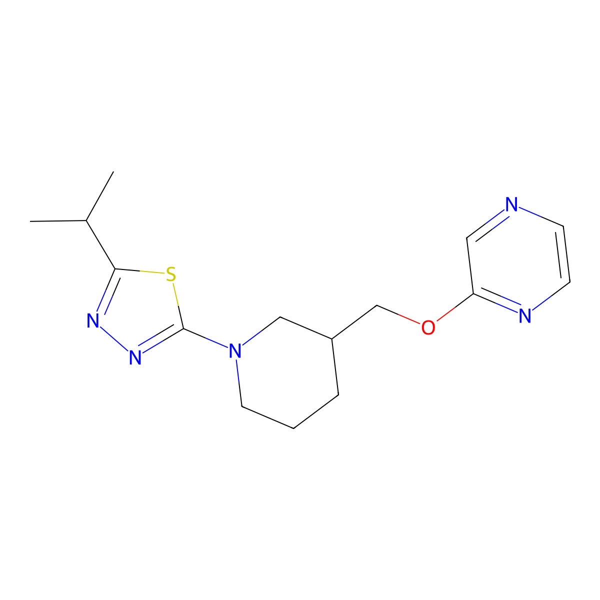 2-({1-[5-(Propan-2-yl)-1,3,4-thiadiazol-2-yl]piperidin-3-yl}methoxy)pyrazine molecular structure, CAS 2770630-28-7