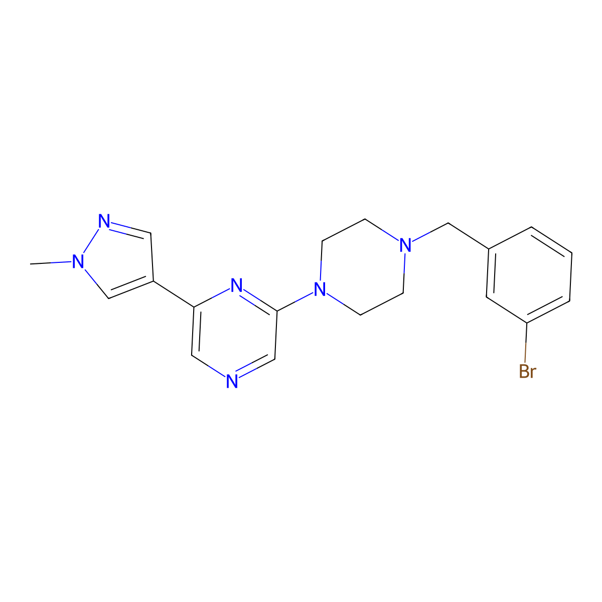 2-{4-[(3-bromophenyl)methyl]piperazin-1-yl}-6-(1-methyl-1H-pyrazol-4-yl)pyrazine molecular structure, CAS 2770630-29-8