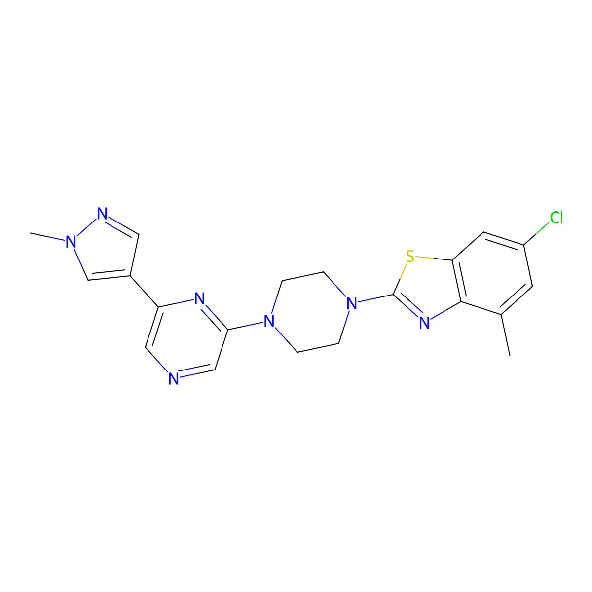 6-chloro-4-methyl-2-{4-[6-(1-methyl-1H-pyrazol-4-yl)pyrazin-2-yl]piperazin-1-yl}-1,3-benzothiazole molecular structure, CAS 2770630-37-8