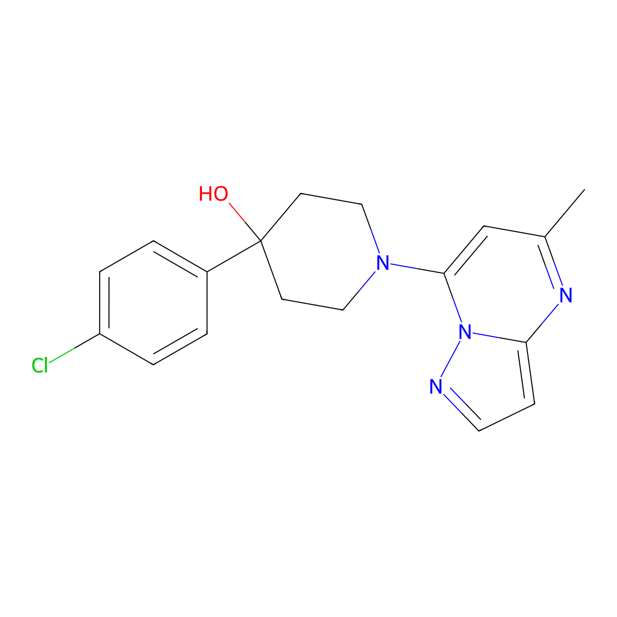 4-(4-Chlorophenyl)-1-{5-methylpyrazolo[1,5-a]pyrimidin-7-yl}piperidin-4-ol molecular structure, CAS 2770630-38-9