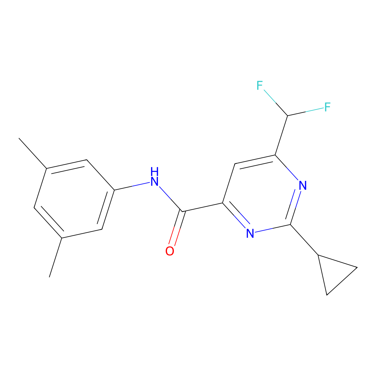 2-cyclopropyl-6-(difluoromethyl)-N-(3,5-dimethylphenyl)pyrimidine-4-carboxamide molecular structure, CAS 2770630-40-3