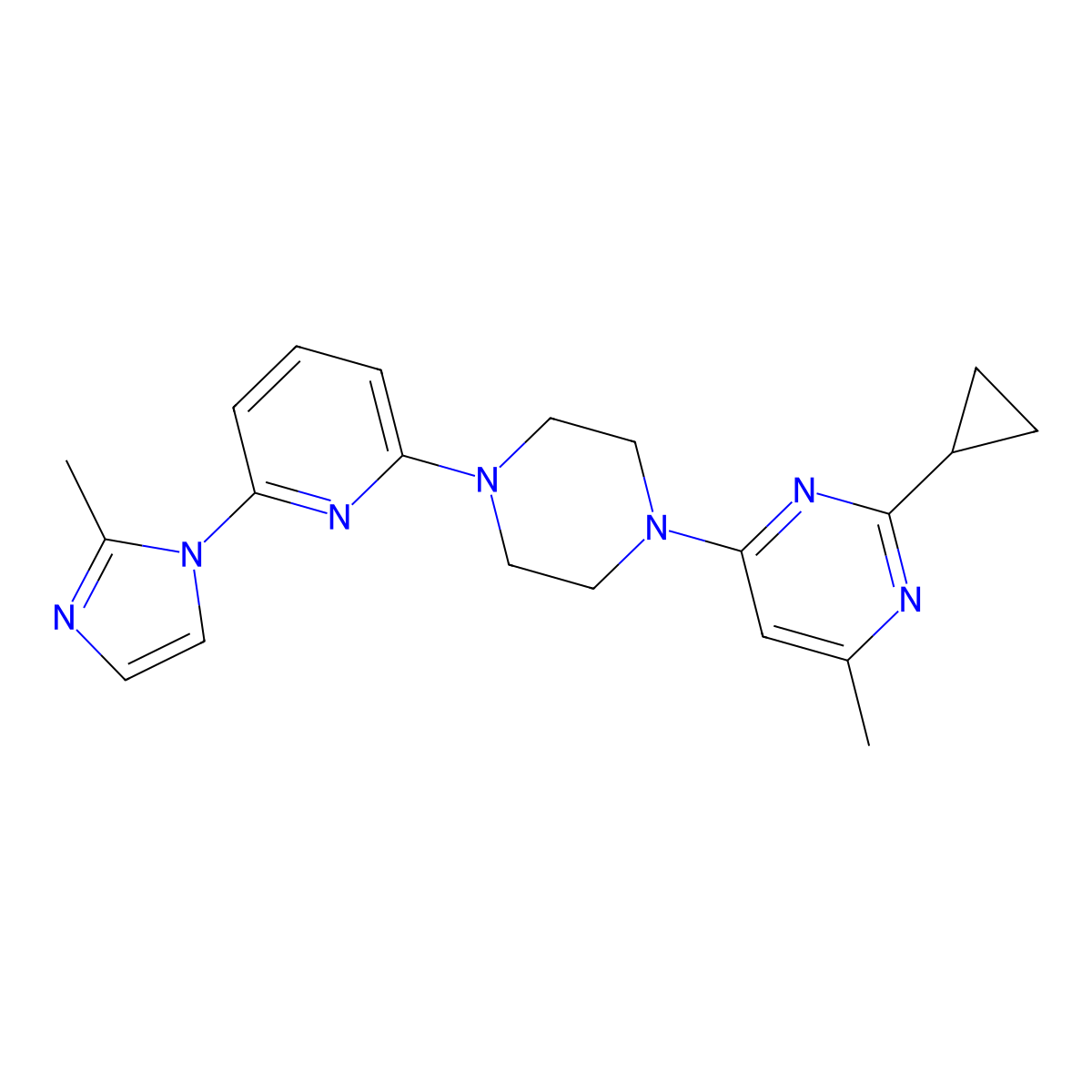 2-cyclopropyl-4-methyl-6-{4-[6-(2-methyl-1H-imidazol-1-yl)pyridin-2-yl]piperazin-1-yl}pyrimidine molecular structure, CAS 2770630-41-4