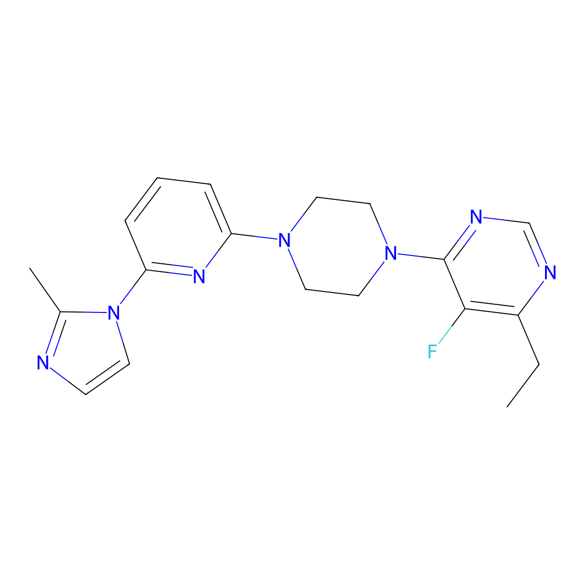 4-ethyl-5-fluoro-6-{4-[6-(2-methyl-1H-imidazol-1-yl)pyridin-2-yl]piperazin-1-yl}pyrimidine molecular structure, CAS 2770630-43-6