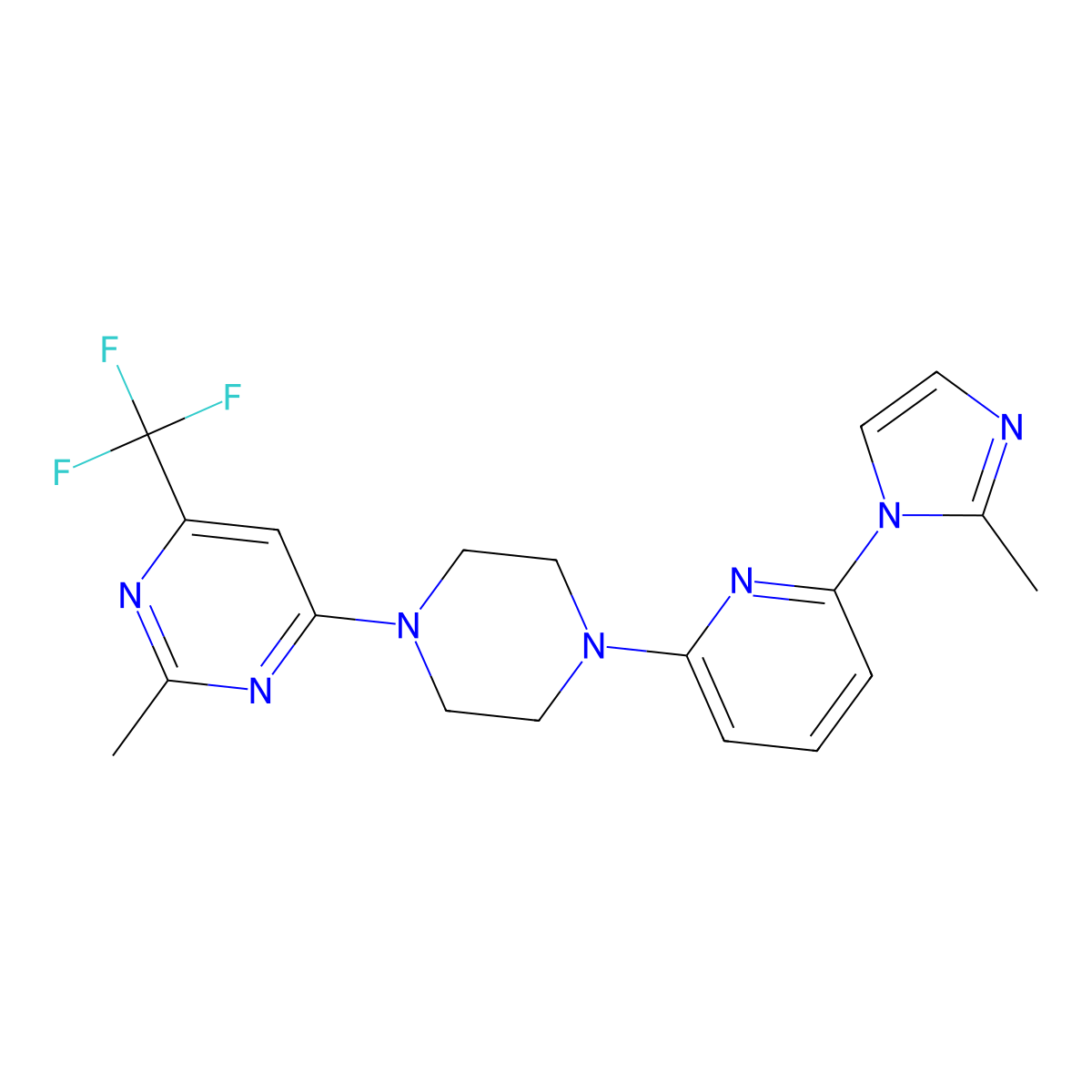 2-methyl-4-{4-[6-(2-methyl-1H-imidazol-1-yl)pyridin-2-yl]piperazin-1-yl}-6-(trifluoromethyl)pyrimidine molecular structure, CAS 2770630-50-5