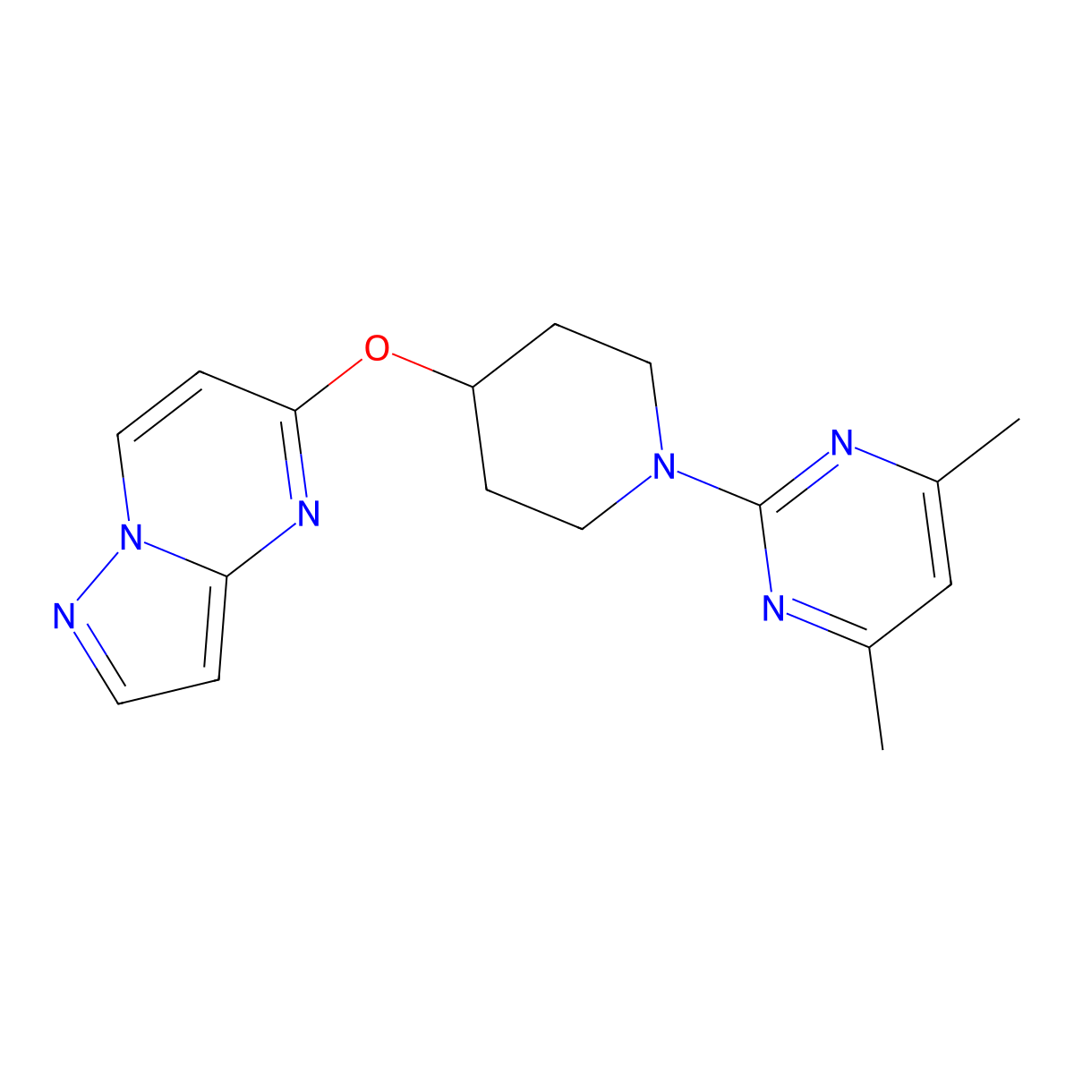 4,6-Dimethyl-2-(4-{pyrazolo[1,5-a]pyrimidin-5-yloxy}piperidin-1-yl)pyrimidine molecular structure, CAS 2770630-55-0
