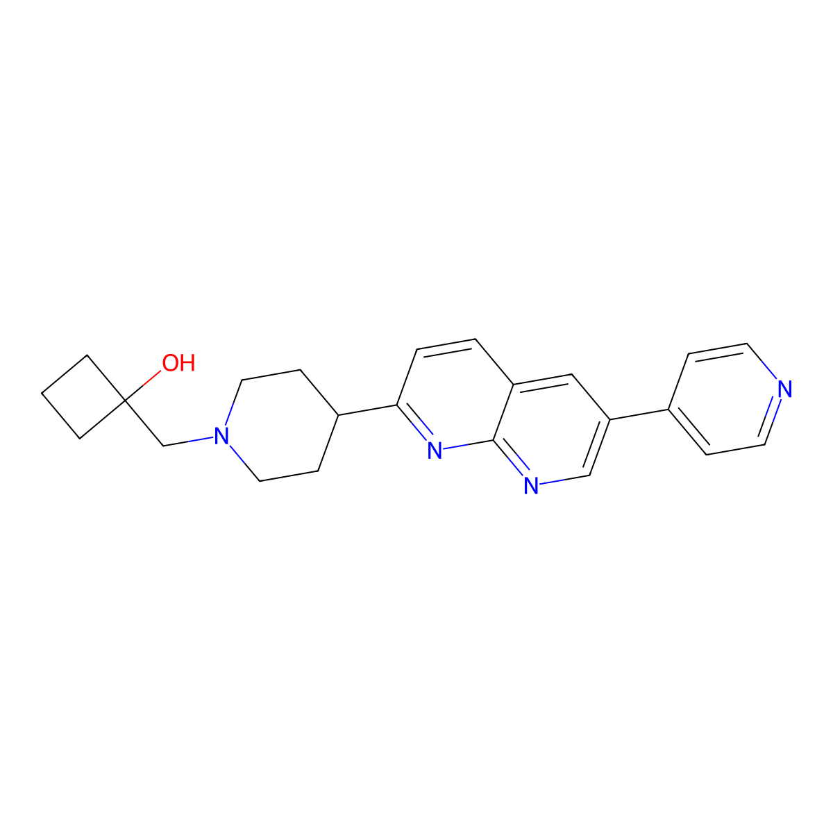 1-({4-[6-(Pyridin-4-yl)-1,8-naphthyridin-2-yl]piperidin-1-yl}methyl)cyclobutan-1-ol molecular structure, CAS 2770630-56-1