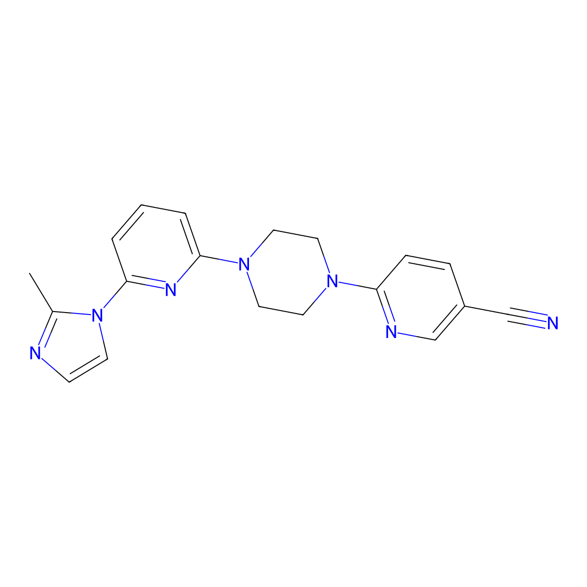 6-{4-[6-(2-methyl-1H-imidazol-1-yl)pyridin-2-yl]piperazin-1-yl}pyridine-3-carbonitrile molecular structure, CAS 2770630-57-2