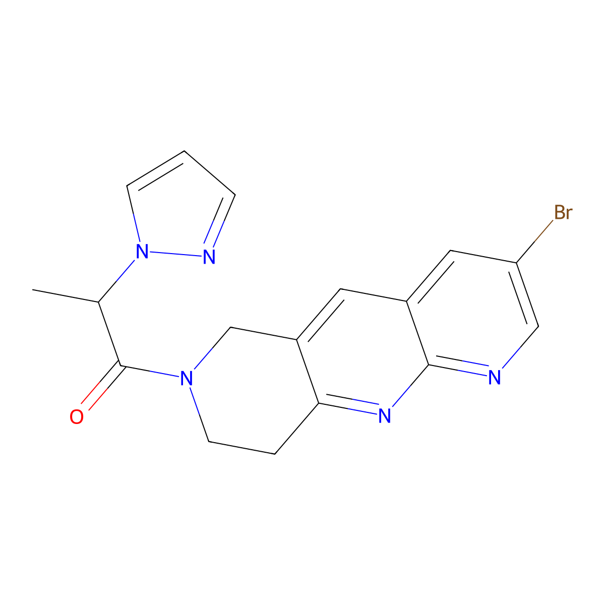 1-{3-bromo-6H,7H,8H,9H-pyrido[2,3-b]1,6-naphthyridin-7-yl}-2-(1H-pyrazol-1-yl)propan-1-one molecular structure, CAS 2770630-59-4