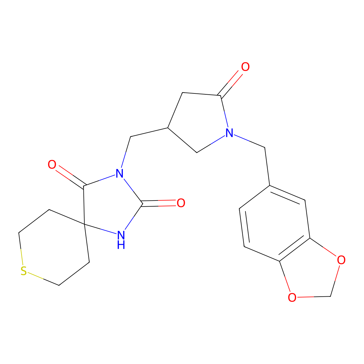 3-({1-[(2H-1,3-benzodioxol-5-yl)methyl]-5-oxopyrrolidin-3-yl}methyl)-8-thia-1,3-diazaspiro[4.5]decane-2,4-dione molecular structure, CAS 2770630-60-7