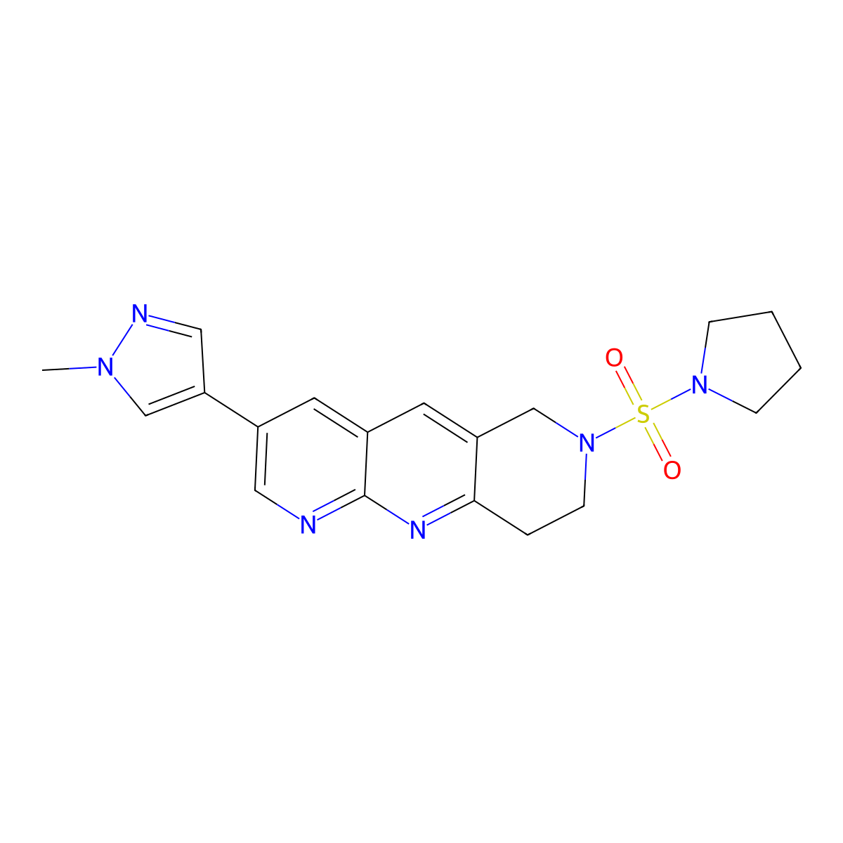 1-methyl-4-[7-(pyrrolidine-1-sulfonyl)-6H,7H,8H,9H-pyrido[2,3-b]1,6-naphthyridin-3-yl]-1H-pyrazole molecular structure, CAS 2770630-72-1