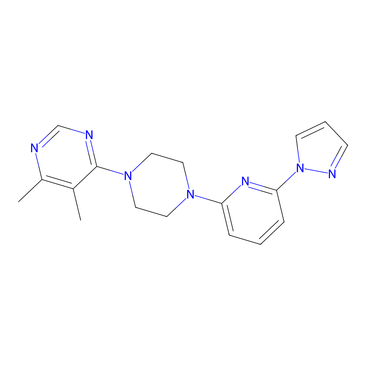 4,5-dimethyl-6-{4-[6-(1H-pyrazol-1-yl)pyridin-2-yl]piperazin-1-yl}pyrimidine molecular structure, CAS 2770630-83-4