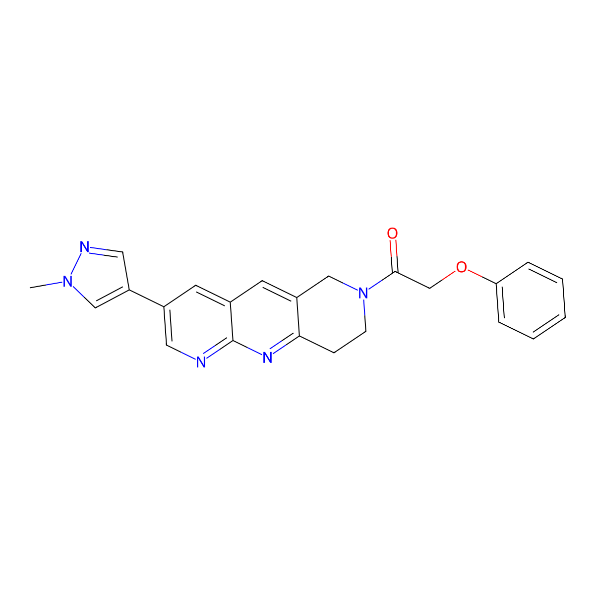 1-[3-(1-methyl-1H-pyrazol-4-yl)-6H,7H,8H,9H-pyrido[2,3-b]1,6-naphthyridin-7-yl]-2-phenoxyethan-1-one molecular structure, CAS 2770630-84-5