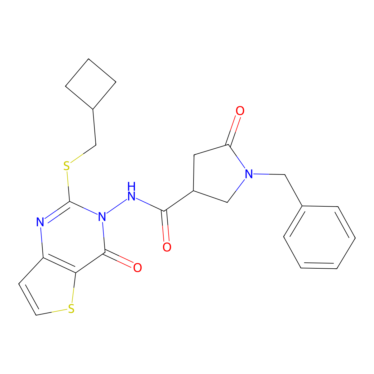 1-benzyl-N-{2-[(cyclobutylmethyl)sulfanyl]-4-oxo-3H,4H-thieno[3,2-d]pyrimidin-3-yl}-5-oxopyrrolidine-3-carboxamide molecular structure, CAS 2770630-88-9