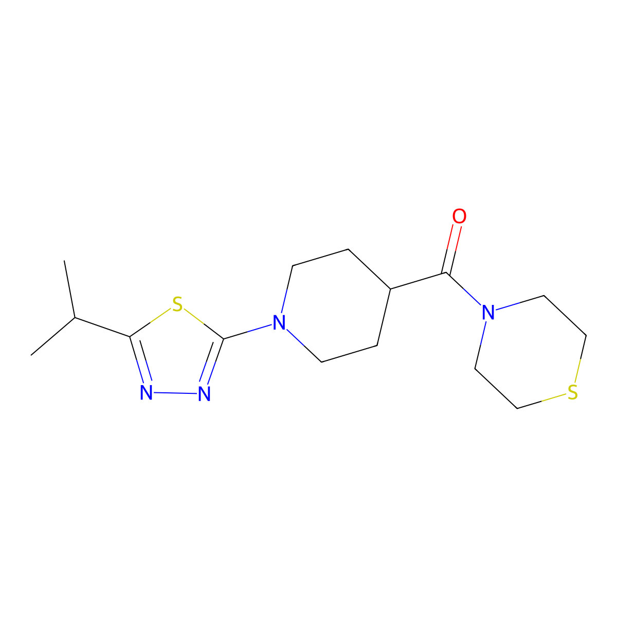 4-{1-[5-(Propan-2-yl)-1,3,4-thiadiazol-2-yl]piperidine-4-carbonyl}thiomorpholine molecular structure, CAS 2770630-95-8