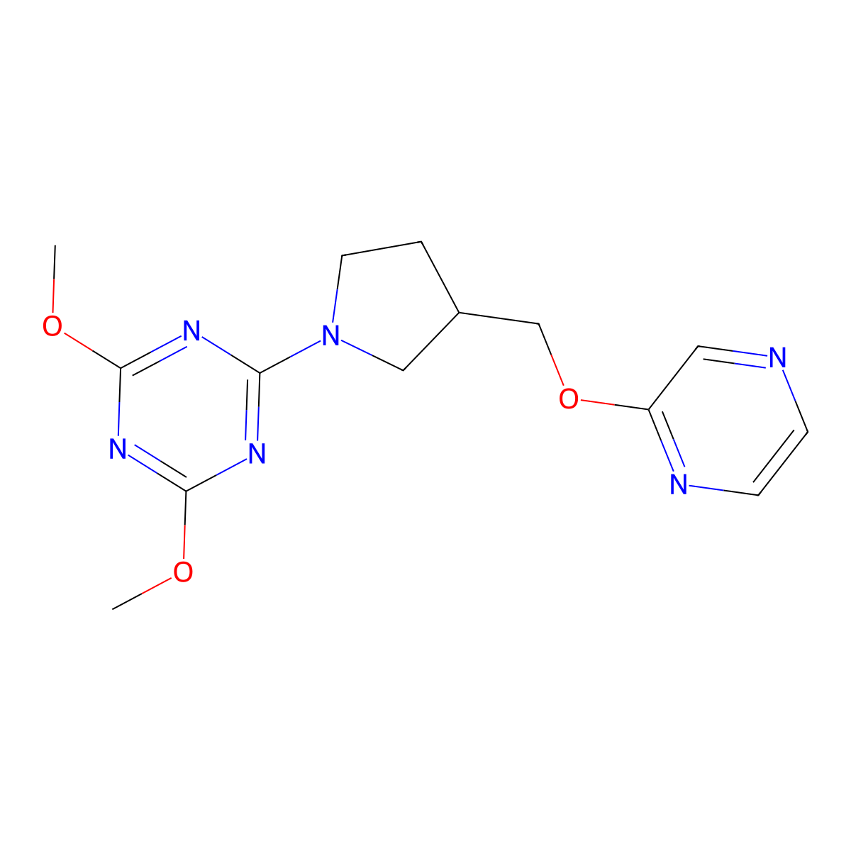 2,4-Dimethoxy-6-{3-[(pyrazin-2-yloxy)methyl]pyrrolidin-1-yl}-1,3,5-triazine molecular structure, CAS 2770631-02-0