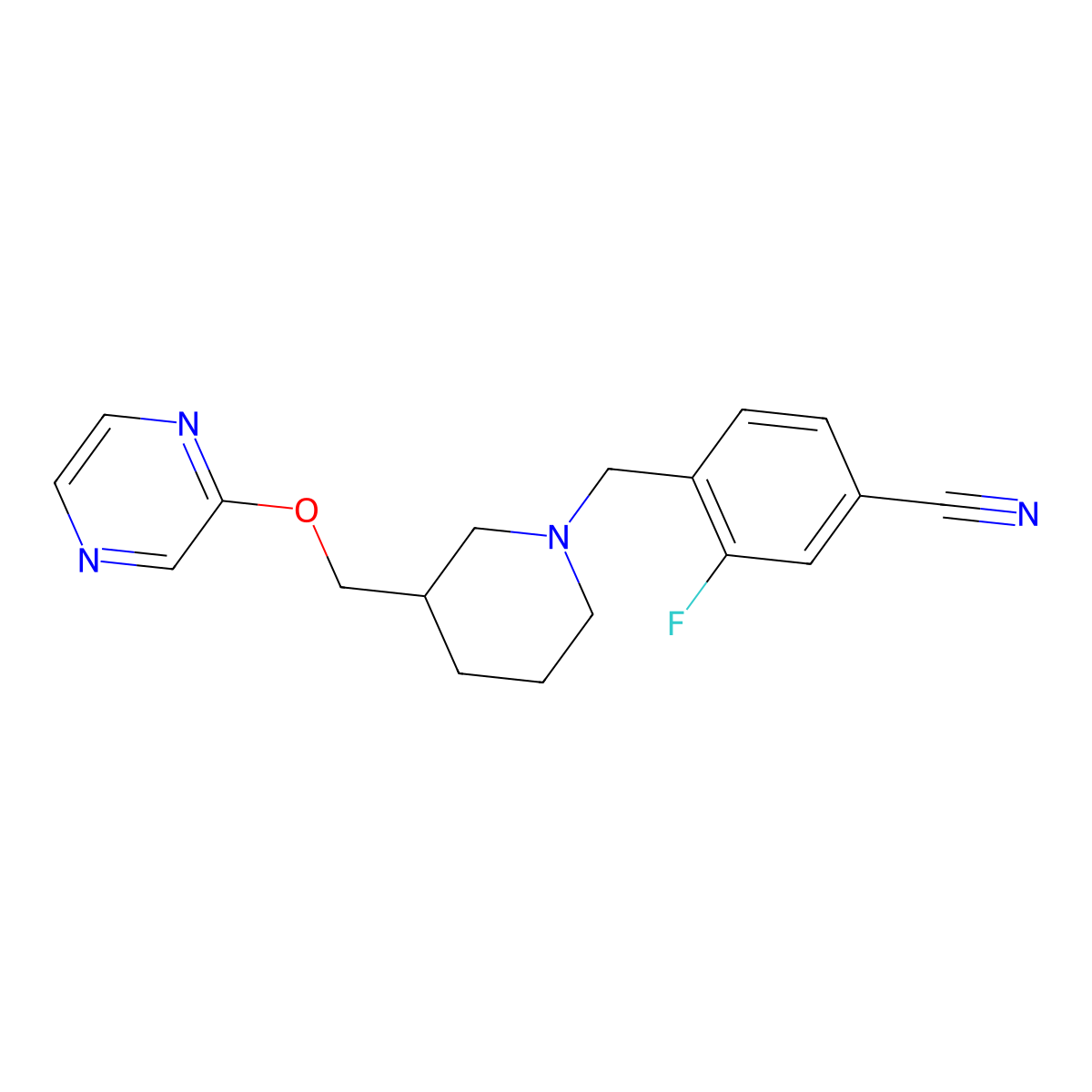 3-Fluoro-4-({3-[(pyrazin-2-yloxy)methyl]piperidin-1-yl}methyl)benzonitrile molecular structure, CAS 2770631-04-2