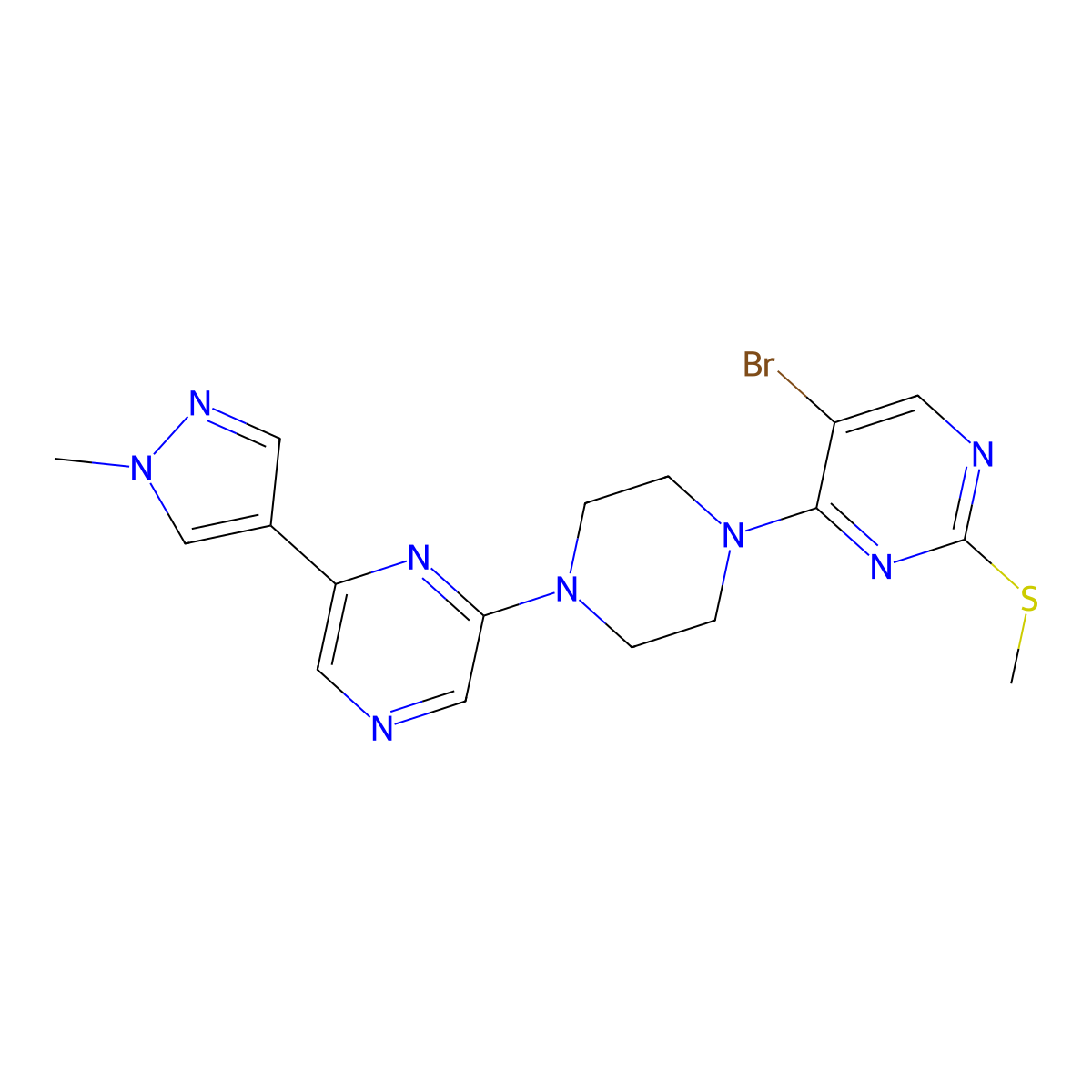 5-bromo-4-{4-[6-(1-methyl-1H-pyrazol-4-yl)pyrazin-2-yl]piperazin-1-yl}-2-(methylsulfanyl)pyrimidine molecular structure, CAS 2770631-14-4