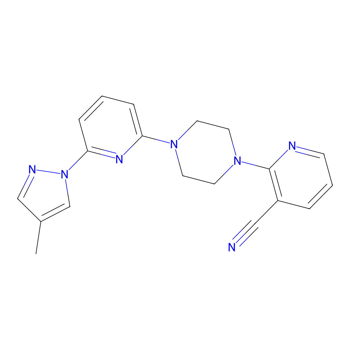2-{4-[6-(4-methyl-1H-pyrazol-1-yl)pyridin-2-yl]piperazin-1-yl}pyridine-3-carbonitrile molecular structure, CAS 2770631-15-5
