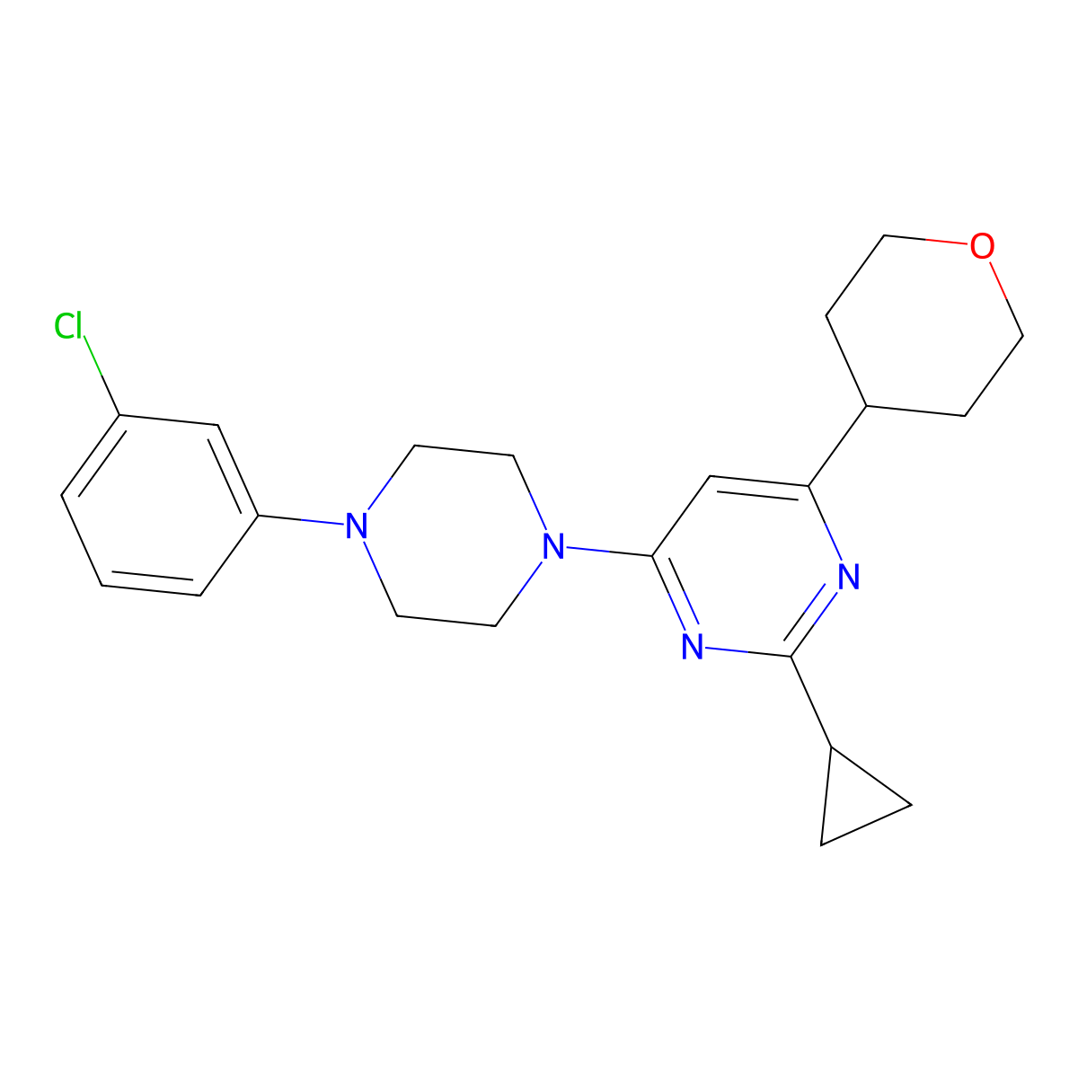 4-[4-(3-Chlorophenyl)piperazin-1-yl]-2-cyclopropyl-6-(oxan-4-yl)pyrimidine molecular structure, CAS 2770631-17-7