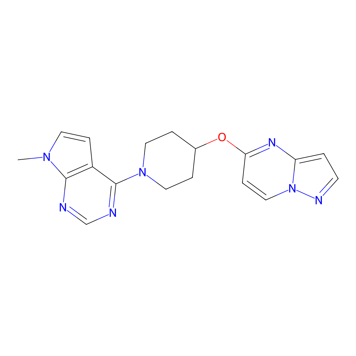 1-{7-methyl-7H-pyrrolo[2,3-d]pyrimidin-4-yl}-4-{pyrazolo[1,5-a]pyrimidin-5-yloxy}piperidine molecular structure, CAS 2770631-21-3