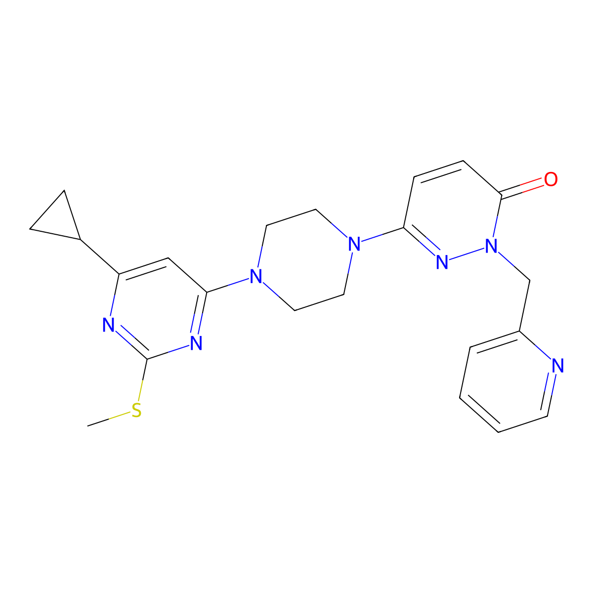 6-{4-[6-Cyclopropyl-2-(methylsulfanyl)pyrimidin-4-yl]piperazin-1-yl}-2-[(pyridin-2-yl)methyl]-2,3-dihydropyridazin-3-one molecular structure, CAS 2770631-25-7