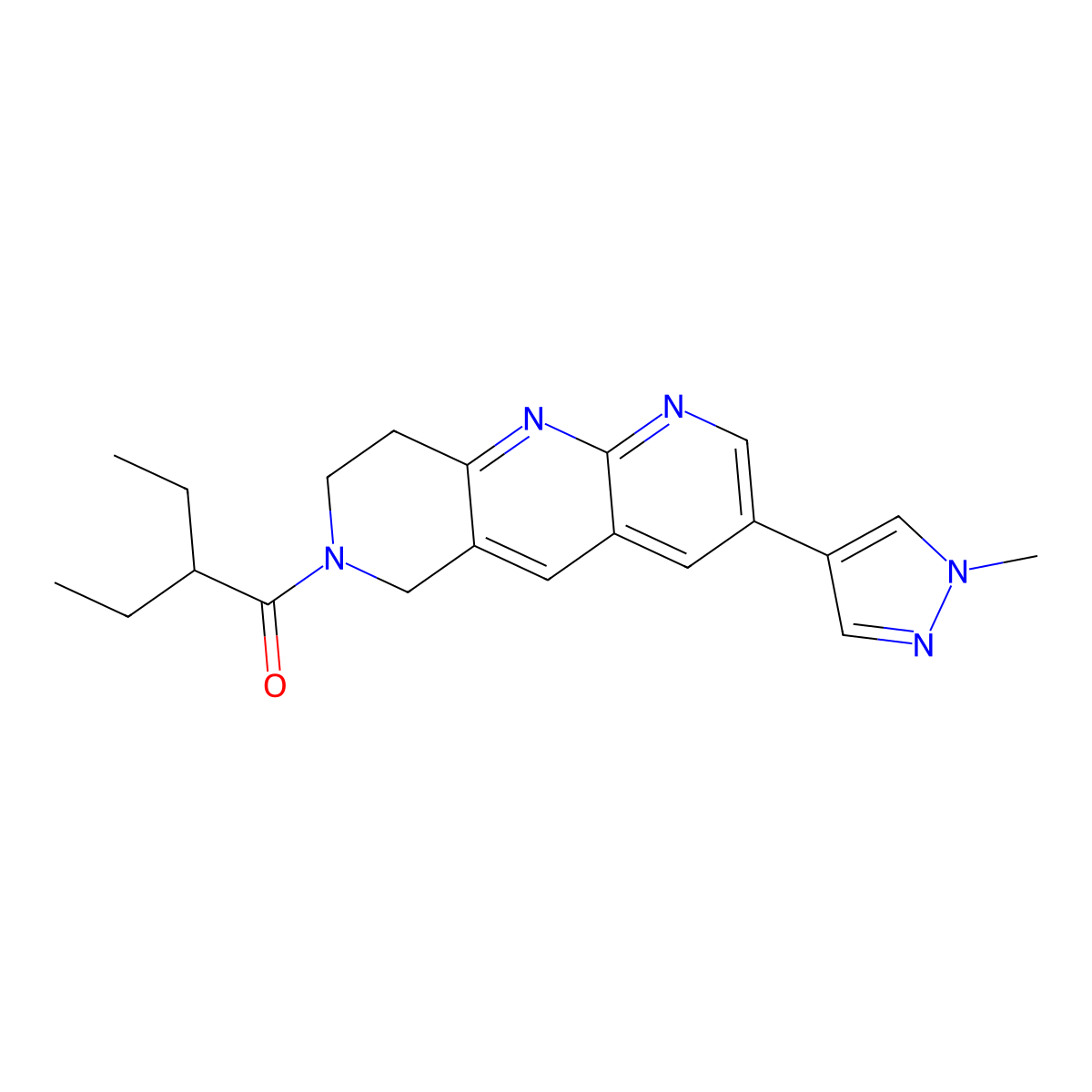 2-ethyl-1-[3-(1-methyl-1H-pyrazol-4-yl)-6H,7H,8H,9H-pyrido[2,3-b]1,6-naphthyridin-7-yl]butan-1-one molecular structure, CAS 2770631-30-4