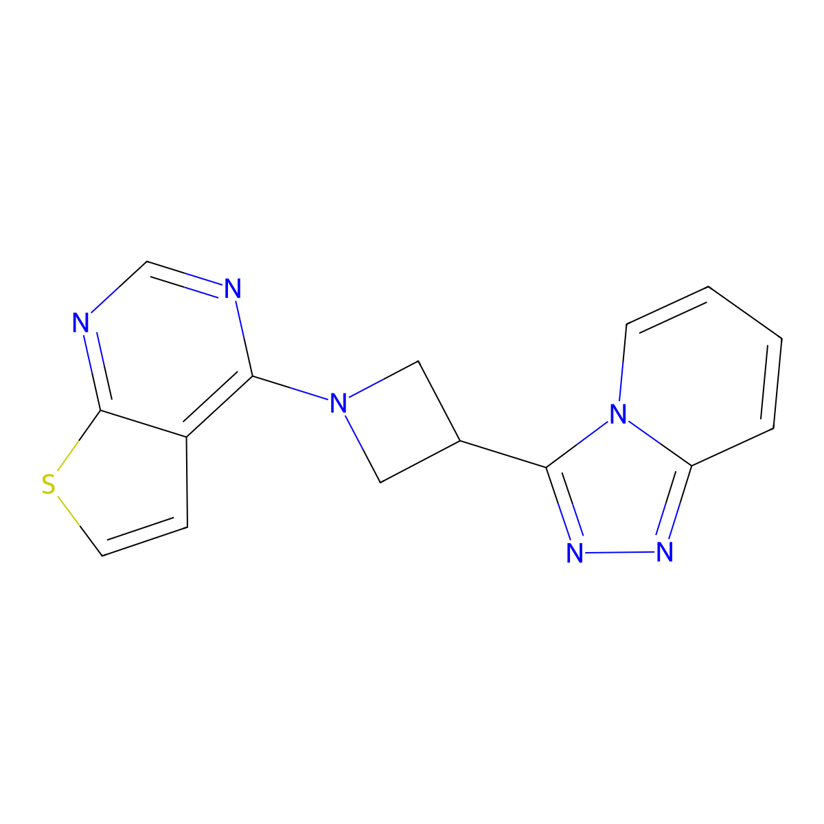 1-{Thieno[2,3-d]pyrimidin-4-yl}-3-{[1,2,4]triazolo[4,3-a]pyridin-3-yl}azetidine molecular structure, CAS 2770631-32-6