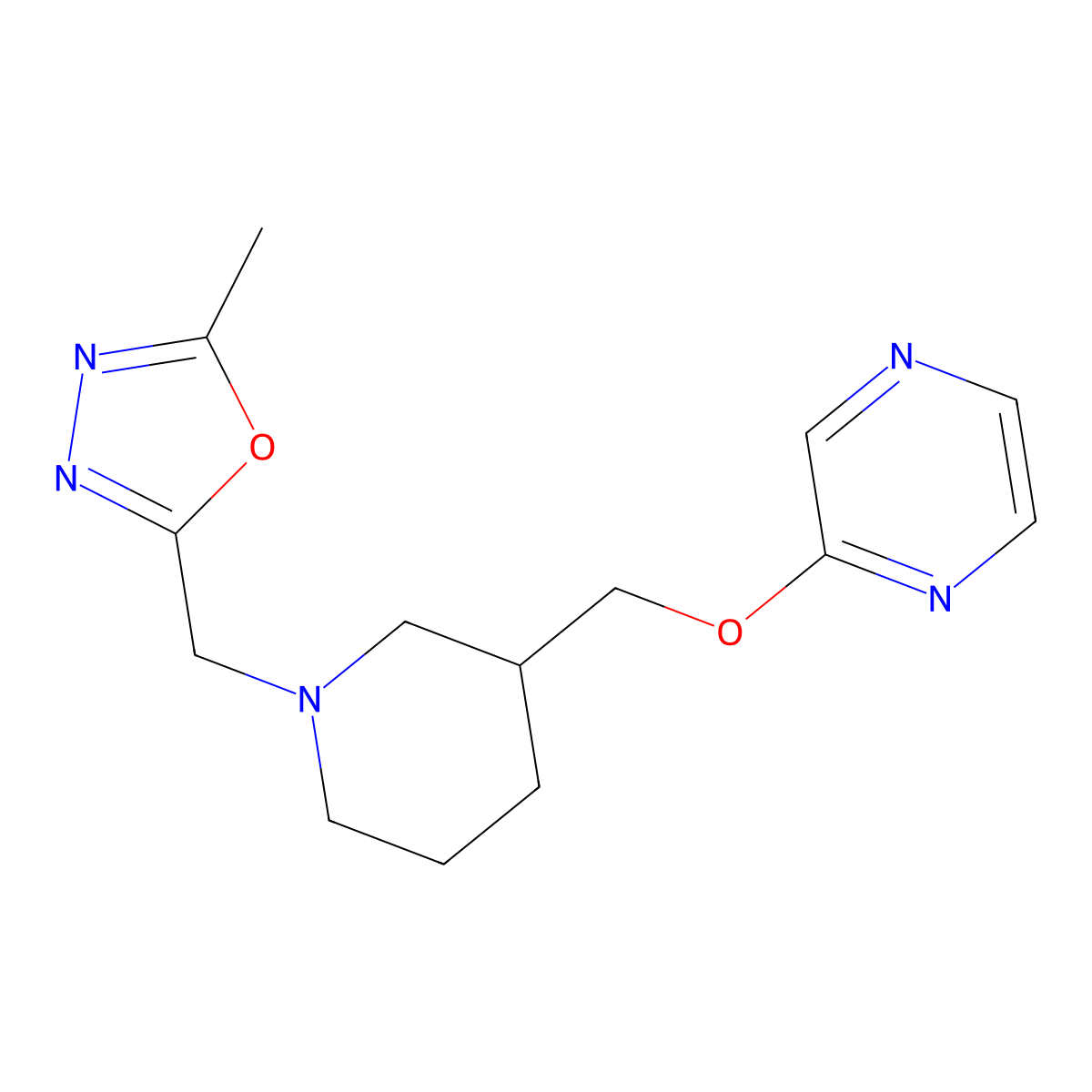 2-({1-[(5-Methyl-1,3,4-oxadiazol-2-yl)methyl]piperidin-3-yl}methoxy)pyrazine molecular structure, CAS 2770631-50-8