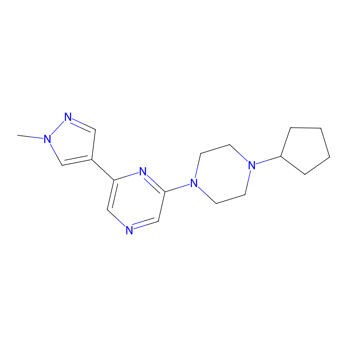 2-(4-cyclopentylpiperazin-1-yl)-6-(1-methyl-1H-pyrazol-4-yl)pyrazine molecular structure, CAS 2770631-52-0