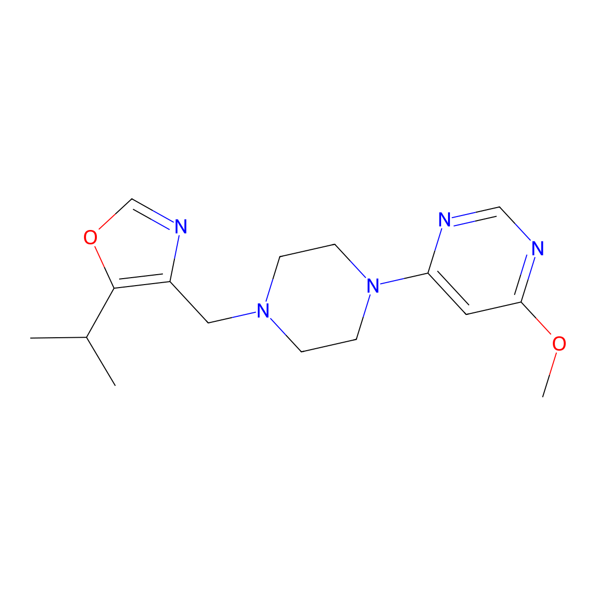 4-Methoxy-6-(4-{[5-(propan-2-yl)-1,3-oxazol-4-yl]methyl}piperazin-1-yl)pyrimidine molecular structure, CAS 2770631-53-1