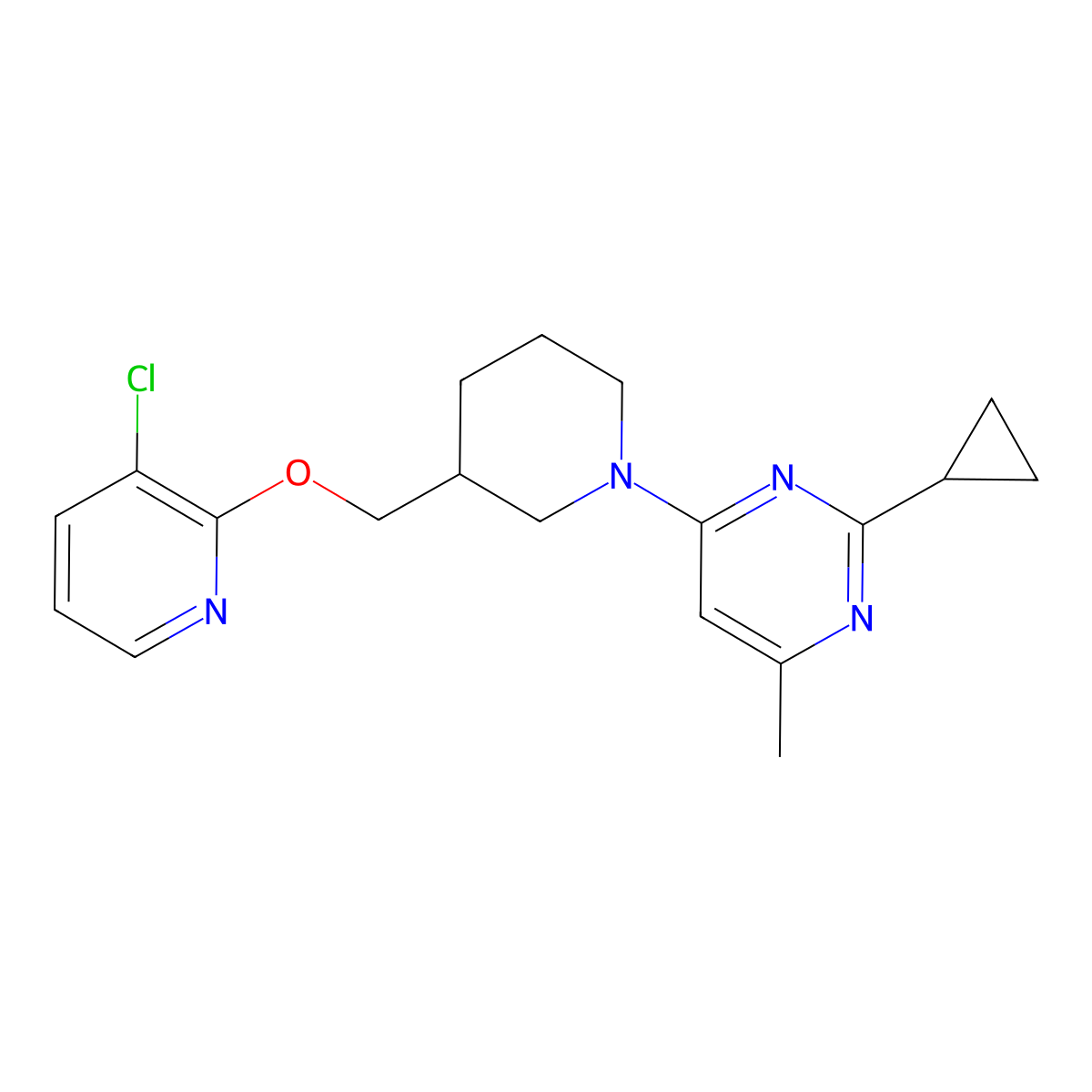4-(3-{[(3-Chloropyridin-2-yl)oxy]methyl}piperidin-1-yl)-2-cyclopropyl-6-methylpyrimidine molecular structure, CAS 2770631-59-7