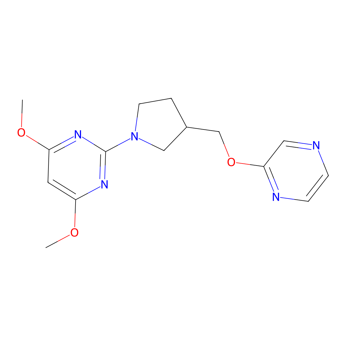 4,6-Dimethoxy-2-{3-[(pyrazin-2-yloxy)methyl]pyrrolidin-1-yl}pyrimidine molecular structure, CAS 2770631-61-1