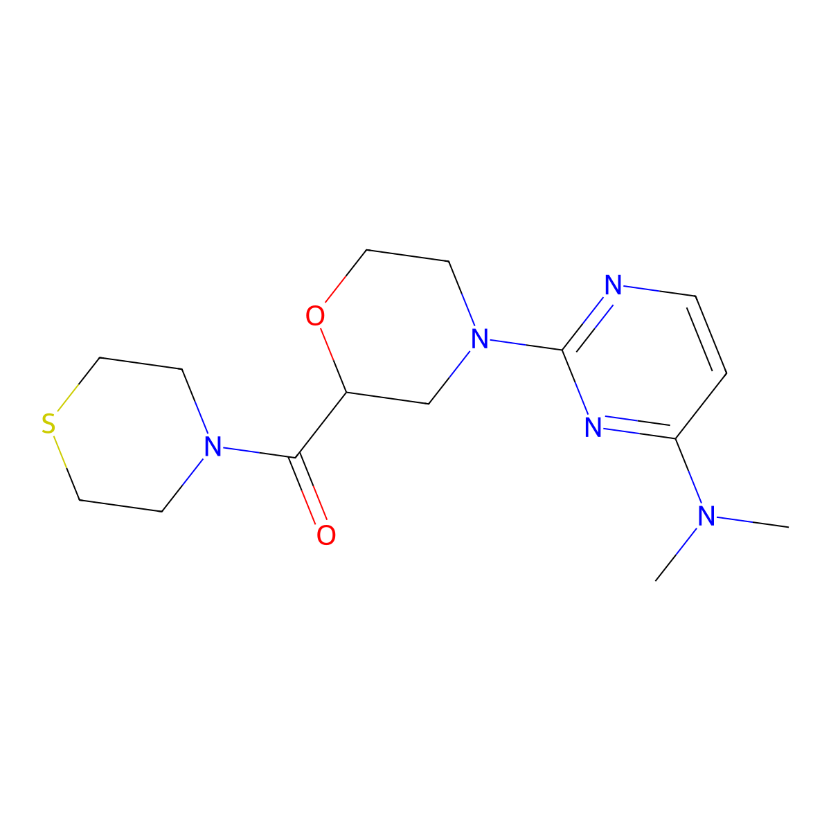 N,N-dimethyl-2-[2-(thiomorpholine-4-carbonyl)morpholin-4-yl]pyrimidin-4-amine molecular structure, CAS 2770631-62-2