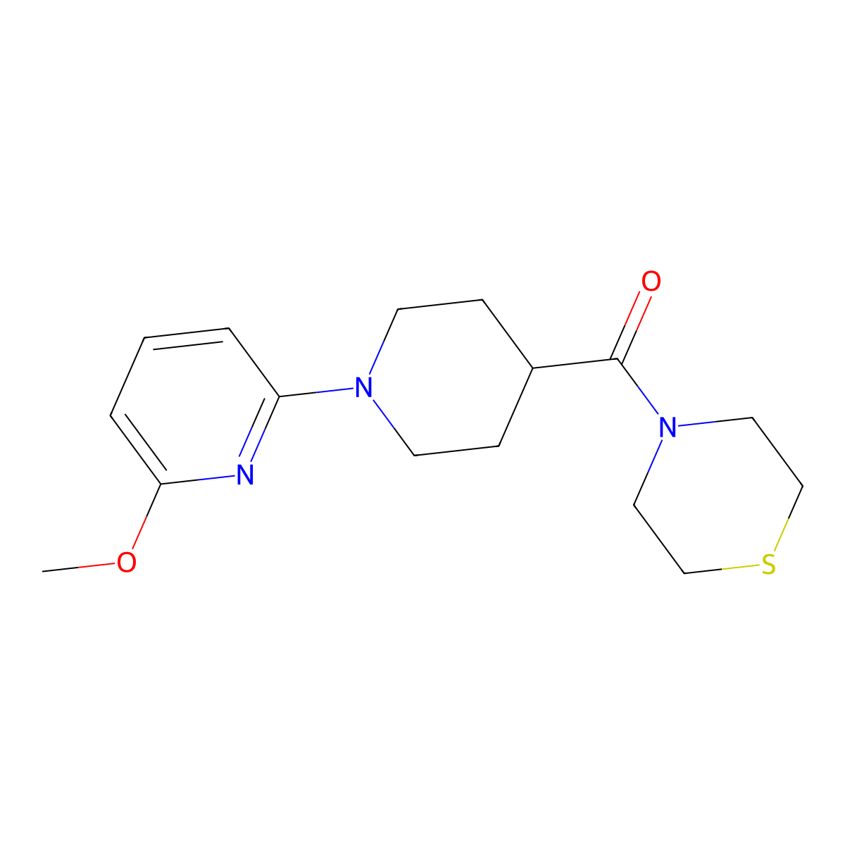 4-[1-(6-Methoxypyridin-2-yl)piperidine-4-carbonyl]thiomorpholine molecular structure, CAS 2770631-65-5