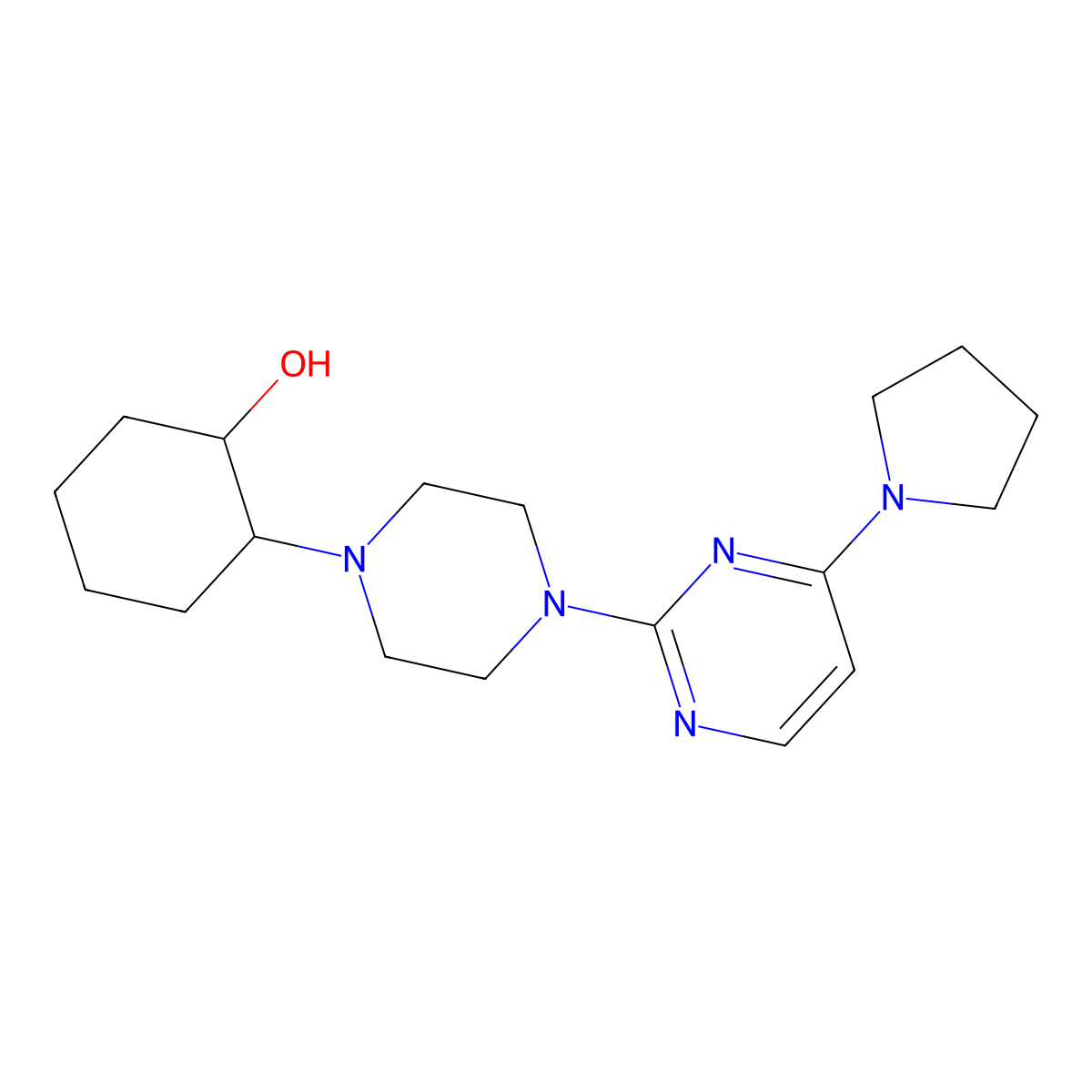 2-{4-[4-(Pyrrolidin-1-yl)pyrimidin-2-yl]piperazin-1-yl}cyclohexan-1-ol molecular structure, CAS 2770631-67-7
