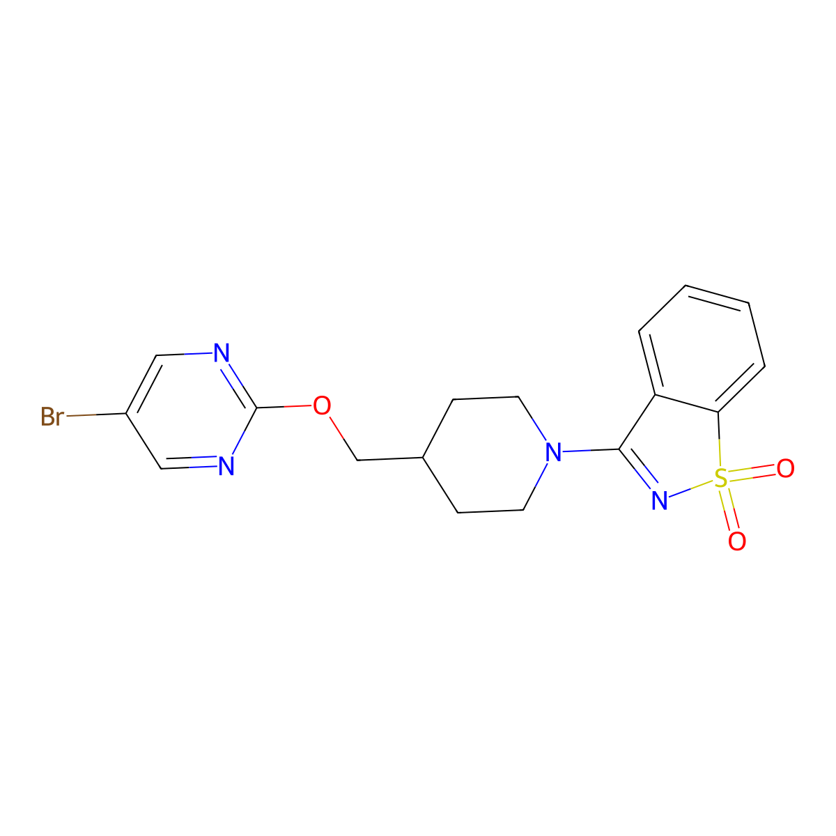 3-[4-[(5-Bromopyrimidin-2-yl)oxymethyl]piperidin-1-yl]-1,2-benzothiazole 1,1-dioxide molecular structure, CAS 2770631-70-2
