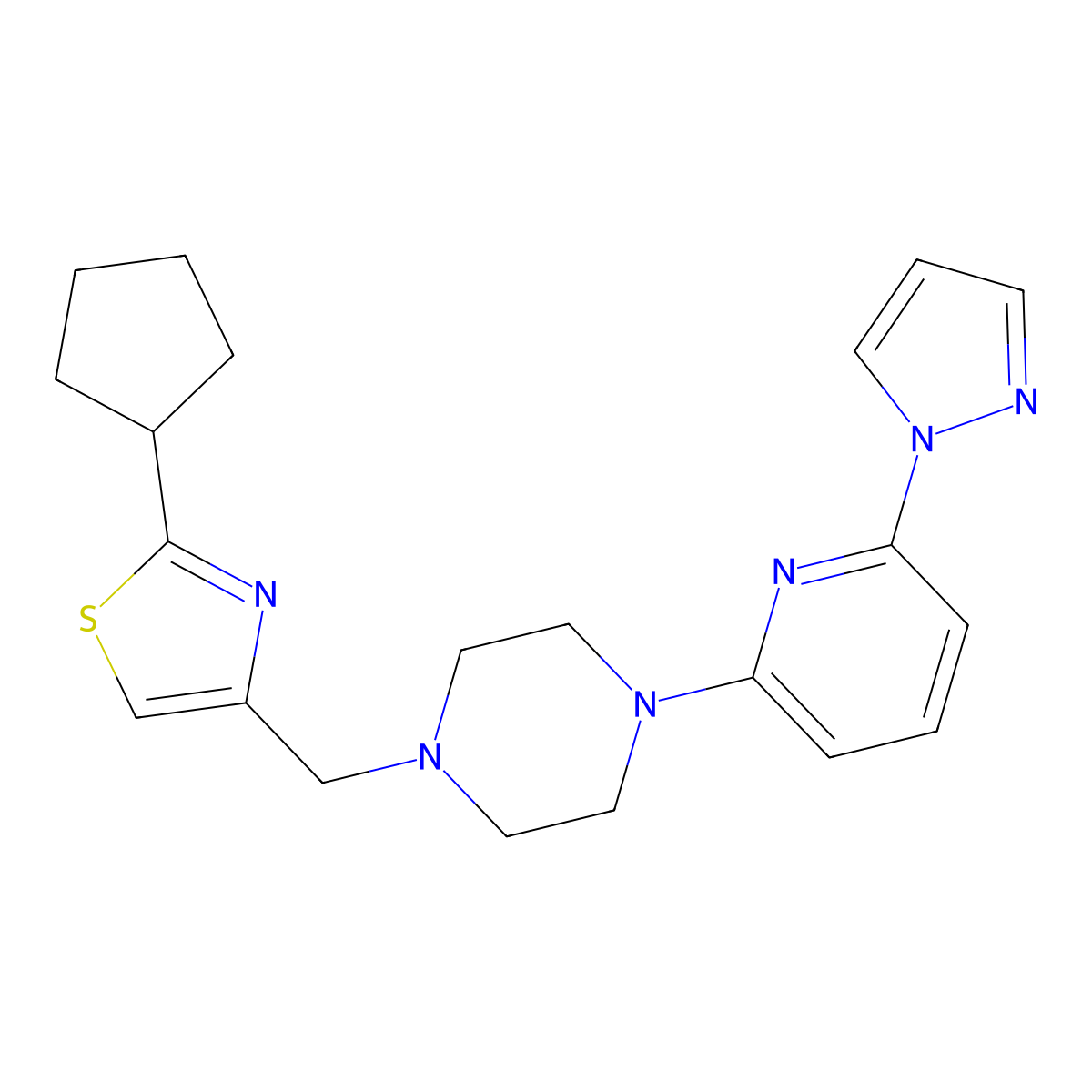 1-[(2-cyclopentyl-1,3-thiazol-4-yl)methyl]-4-[6-(1H-pyrazol-1-yl)pyridin-2-yl]piperazine molecular structure, CAS 2770631-72-4