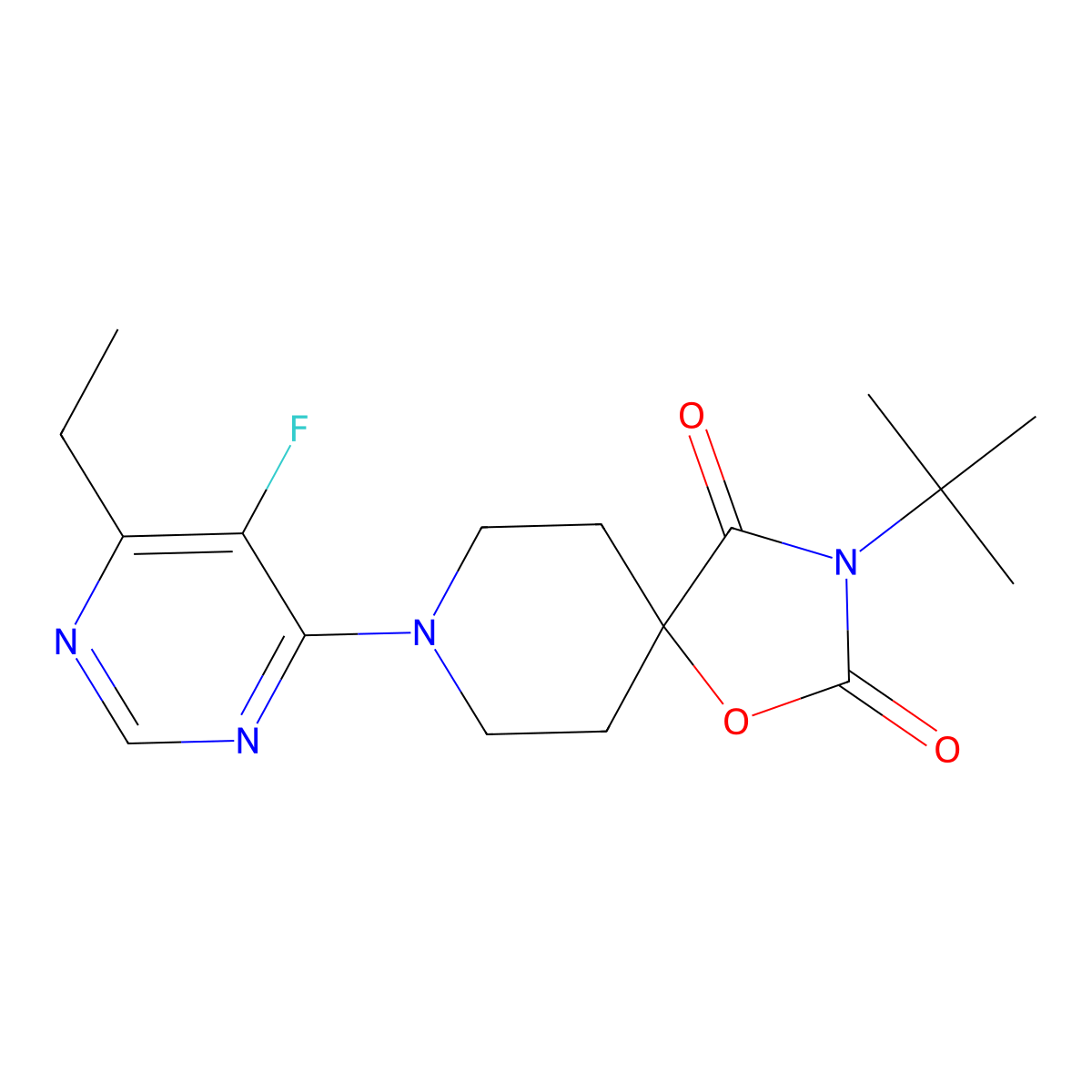 3-Tert-butyl-8-(6-ethyl-5-fluoropyrimidin-4-yl)-1-oxa-3,8-diazaspiro[4.5]decane-2,4-dione molecular structure, CAS 2770631-76-8